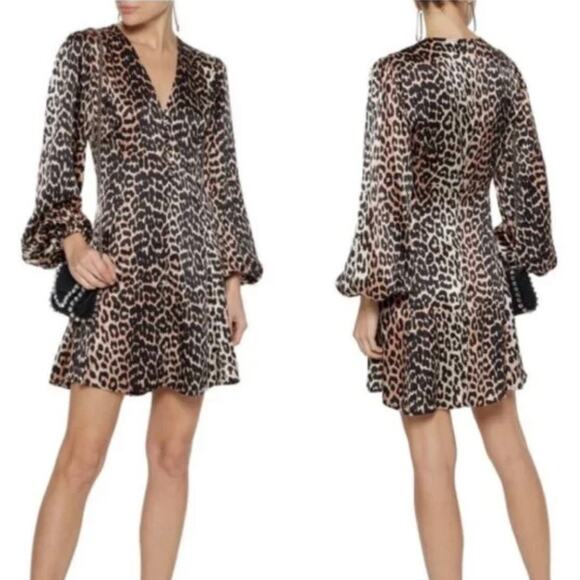 Ganni Blakely Leopard Print Mini Dress in Brown Silk Blend EURO 42 - US Size 10 - Picture 2 of 8